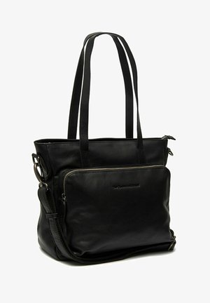 Schwarze Leder-Tote-Tasche mit zwei langen Trägern und einem abnehmbaren Umhängeriemen. Verfügt über eine aufgesetzte Reißverschlusstasche und eine glatte, weiche Textur.