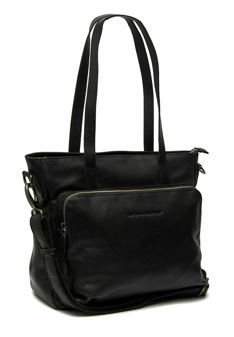 Bolso tote de cuero negro con dos asas largas y una correa cruzada desmontable. Presenta un bolsillo delantero con cremallera y una textura suave y lisa.