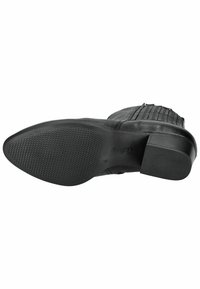 Semelle de botte en cuir noir avec une surface en caoutchouc texturé, pointe arrondie et un petit talon carré. Présente une finition lisse et des détails de couture discrets.
