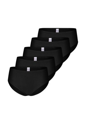 Cinque paia di slip da donna neri a vita alta disposti in una pila sfalsata su sfondo bianco.