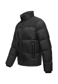 Juodas pūkinis švarkas turi aukštą apykaklę, užtrauktuką priekyje, šonines kišenes ir elastingus rankogalius. Medžiaga blizganti su siuvinėjimo efektu.