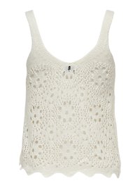 Top sans manches en tricot crème avec un motif de dentelle ajourée. Ourlet festonné et larges bretelles. Présente un petit logo au centre devant.