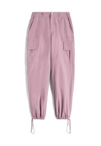 Pantaloni cargo di colore rosa chiaro, con polsini elasticizzati, tasche laterali e chiusura con bottone, realizzati in un tessuto leggero dal tocco morbido.