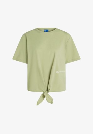 T-shirt vert clair à manches courtes avec un nœud à l'avant et petit logo blanc "Karl Lagerfeld Jeans" en bas à droite.