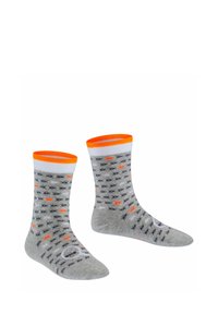Szare skarpetki z geometrycznym wzorem w kolorze czarnym, pomarańczowym i białym, z prążkowanym mankietem oraz detalem logo w okolicy palców.