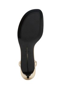 Black sole with textured grip, bronze heel, and open-toe design. Smooth finish with metallic accents and a sleek, contemporary shape.