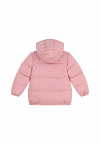 Pink puffer jacket with a hood, featuring a quilted design, elasticated cuffs, and an adjustable bottom hem for a secure fit.