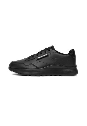 Czarne trampki Reebok z gładką skórzaną cholewką, okrągłym noskiem, wiązane na sznurowadła z logo na boku i języku.