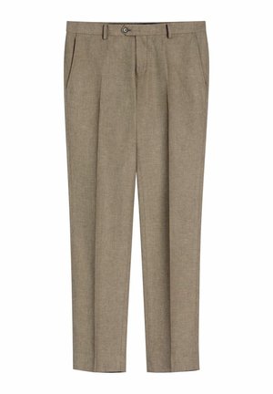 Beżowe, dopasowane spodnie z szlufkami na pasek, z przodu zapięcie na guzik i zamek oraz boczne kieszenie, przedstawione na płasko na białym tle.