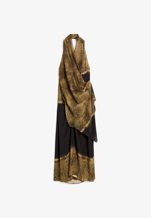 Black and gold patterned dress, featuring draped fabric, an asymmetrical cut, and a silk-like texture with intricate designs.