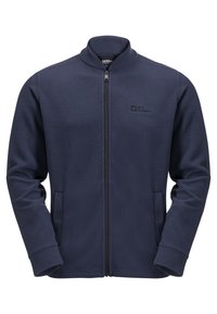 Giacca in fleece blu navy scuro con colletto alto, zip completa, due tasche laterali e un logo sottile sul lato sinistro del petto. Tessuto morbido e vestibilità rilassata.