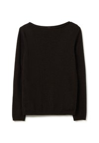 Maglione lungo a maniche nere scure con scollatura a girocollo, polsini e orlo a coste, posato su uno sfondo bianco.