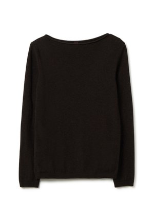 Pull over long à manches marron foncé avec encolure ronde, poignets et ourlet côtelés, posé à plat sur un fond blanc.