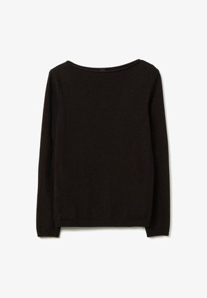 Pull over long à manches marron foncé avec encolure ronde, poignets et ourlet côtelés, posé à plat sur un fond blanc.