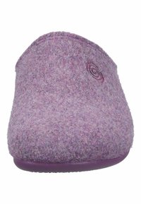 Purple felt slipper with a rounded toe, soft texture, and a circular accent on the side. Features a purple rubber sole for grip.
