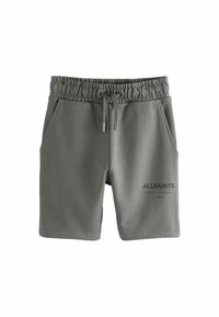 Grå bomullsshorts med elastisk midjeband och snöre. Har sidofickor och "ALLSAINTS"-logotyp tryckt fram.