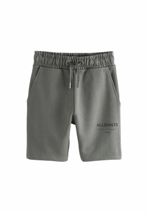 Pantaloni corti in cotone grigio con vita elastica e cordino. Presentano tasche laterali e il logo "ALLSAINTS" stampato sul davanti.