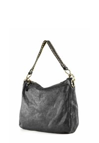 Sac à main en cuir noir au design décontracté, avec une poignée cloutée noire et des accents en métal doré. Fini texturé ajoutant du détail.