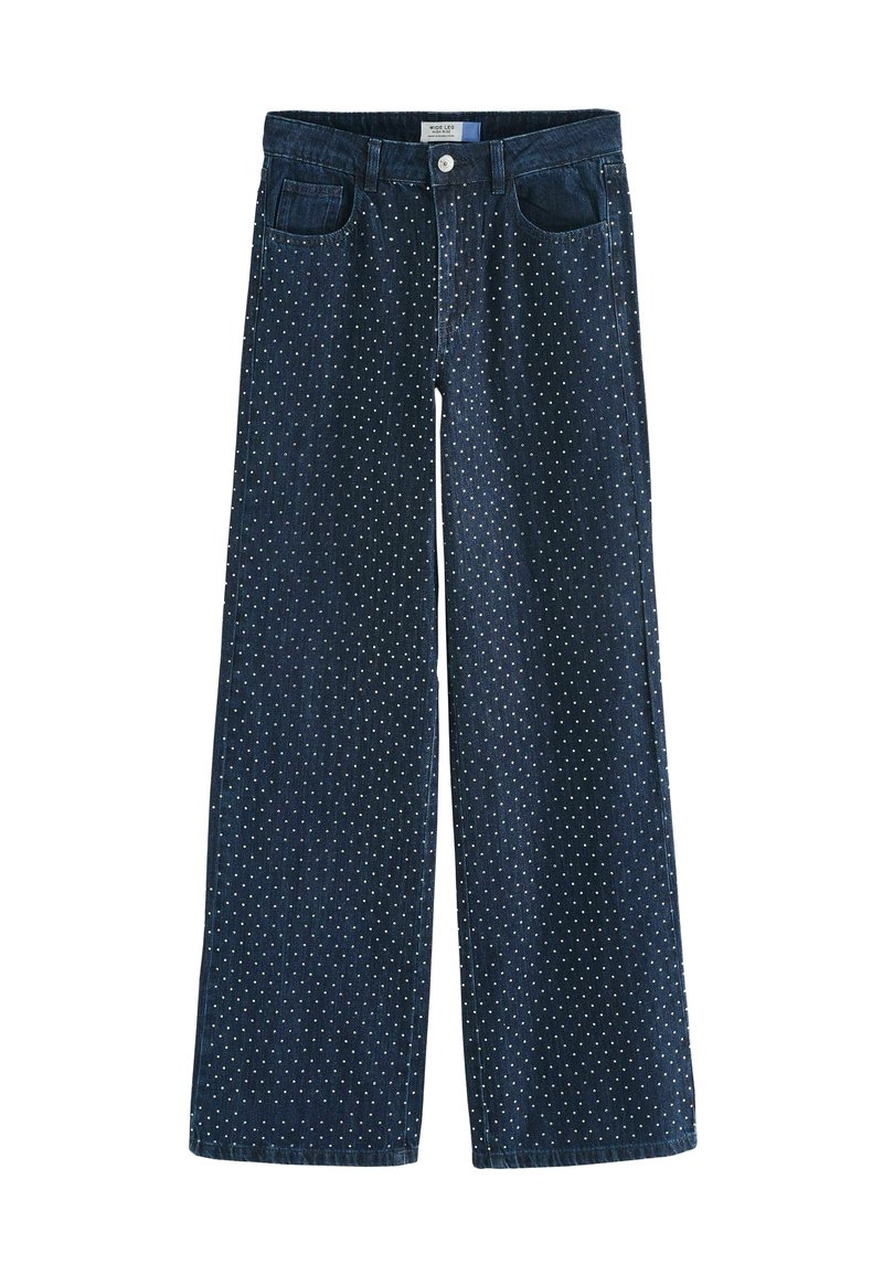 Tamsiai mėlynos džinsinės plačių kojų kelnės su baltomis taškeliais, penkių kišenių dizainas ir mygtuko uždarymas liemenyje. Glotni tekstūra, kasdienis kirpimas.