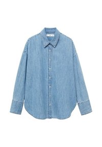 Hellblaues Denim-Hemd mit langen Ärmeln, einem spitzen Kragen und Knopfleiste. Verfügt über einen abgerundeten Saum und eine lockere Passform.