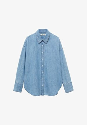Light blue denim shirt with long sleeves, a pointed collar, and button front. Features a curved hem and relaxed fit.