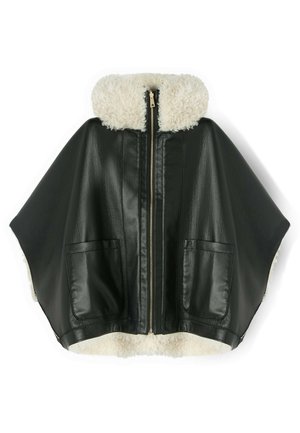 Cappotto in pelle nera con zip frontale, due tasche anteriori e fodera e colletto in morbida shearling color crema.