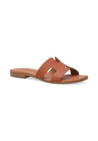 Brown leather slide sandals with cut-out design, flat footbed, and light brown sole. Smooth texture with minimal hardware accents.
