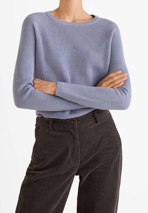 Persoon met over elkaar geslagen armen, gekleed in een lichtpaarse gebreide trui en donkerbruine corduroy broek, tegen een effen achtergrond.