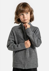 Szary sweter z dzianiny z wysokim kołnierzem, zapięciem na zamek oraz ściągaczami na rękawach. Posiada dwie przednie kieszenie i teksturowany wzór dzianiny.