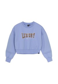 Sweatshirt court violet clair avec col rond, manches surdimensionnées, poignets côtelés et impression en doré métallique du mot "LUXURY".