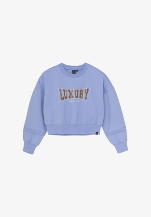 Sweatshirt court violet clair avec col rond, manches surdimensionnées, poignets côtelés et impression en doré métallique du mot "LUXURY".