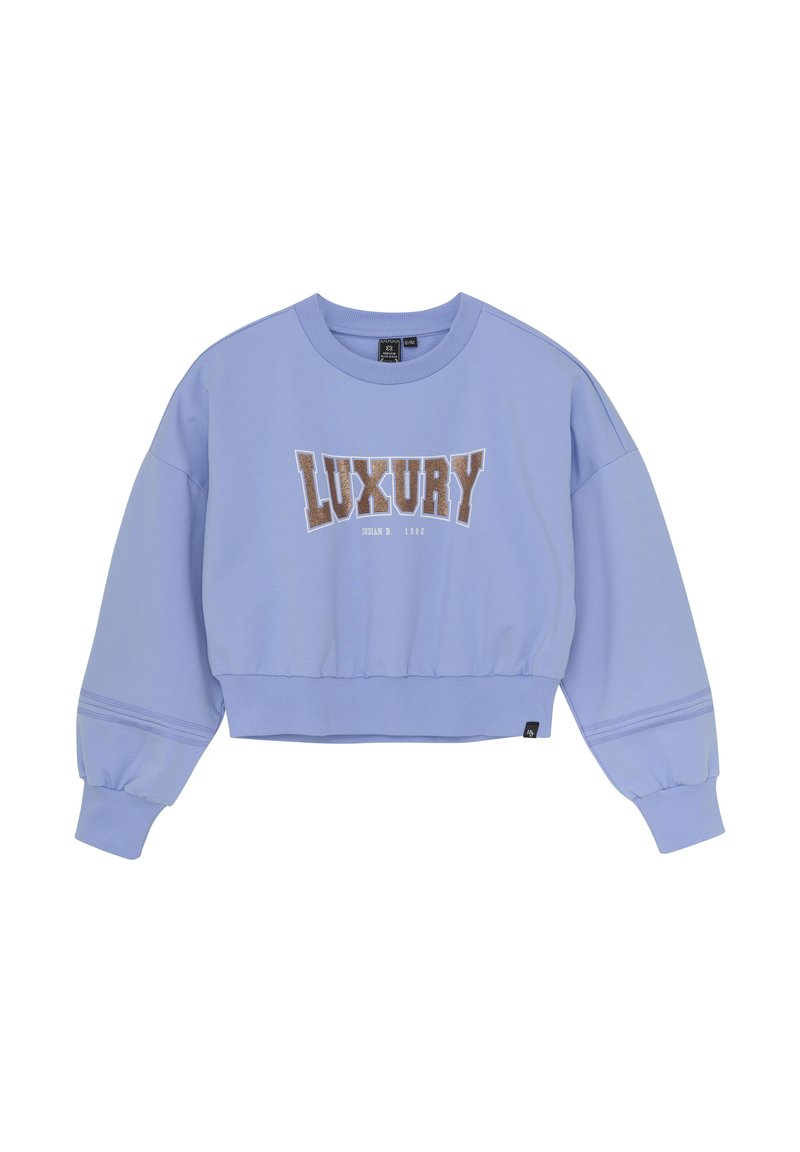 Sweatshirt court violet clair avec col rond, manches surdimensionnées, poignets côtelés et impression en doré métallique du mot "LUXURY".