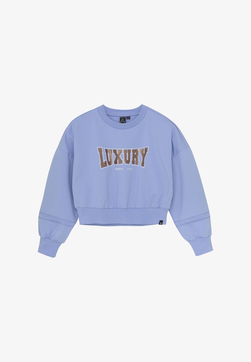 Sweatshirt court violet clair avec col rond, manches surdimensionnées, poignets côtelés et impression en doré métallique du mot "LUXURY".