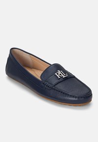 Navy blue leather loafers with textured finish, featuring a silver RL emblem on the strap and rubber outsole for traction.