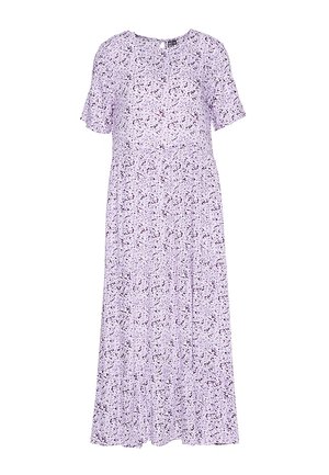 Lilla blomstret maxikjole med korte ærmer, rund hals, flydende silhuet og letvægtigt stof med et spredt mønster.