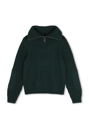 Donkergroene gebreide trui met geribde mouwen en zoom, een halve ritskraag en patches op de ellebogen.