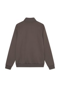 Καφέ φούτερ με ψηλό λαιμό και μακριά μανίκια, λεία υφή, ριμπ μανσέτες και στρίφωμα, απλός σχεδιασμός στην πίσω πλευρά.