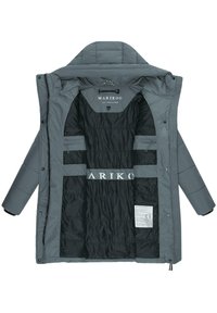 Gray padded jacket, featuring a hood, black lining, and reflective "MARIKOO" logo on the interior. Includes interior pockets and care label.