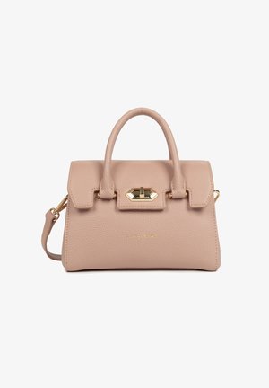 Borsa a mano in pelle beige testurizzata con manici superiori, chiusura a scatto in tonalità oro e tracolla removibile, posizionata su sfondo bianco.