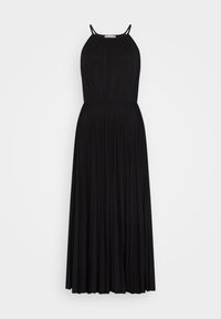 Robe maxi sans manches noire avec encolure halter et jupe plissée, ajustée à la taille.
