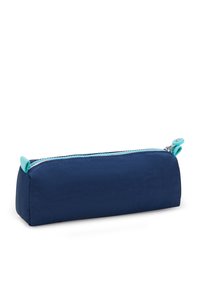 Donkerblauwe pencil case gemaakt van zacht stof, met een contrasterende aqua rits. Rechthoekige vorm met een gladde textuur en zonder extra patronen.