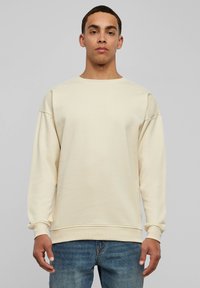 Beige sweatshirt with a round neck, relaxed fit, and long sleeves. Made of soft fabric with ribbed cuffs and waistband. No patterns or accents.