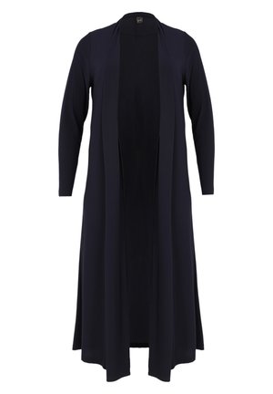 Lange marineblauwe cardigan van zachte rekbare stof. Open voorkantontwerp, lange mouwen en een gestroomlijnd silhouet zonder sluitingen.