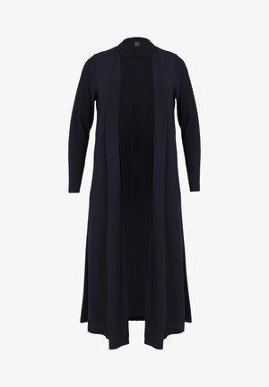 Lang marineblå cardigan lavet af blødt strækstof. Åben frontdesign, lange ærmer og en strømlinet silhuet uden lukninger.