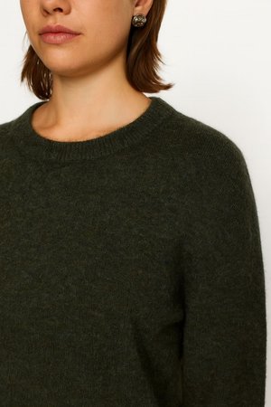 Green wool sweater with a round neckline and ribbed trim, featuring a soft, textured finish and fitted silhouette.