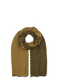 Olive roheline ja pruun sall, millel on herringbone muster, valmistatud tekstuursetest materjalidest, franjeäärtega ja väikese logo sildiga.