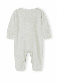 Body pour bébé gris clair, à manches longues, avec pieds couverts, en tissu doux, au design simple, vu de dos sur un fond blanc.