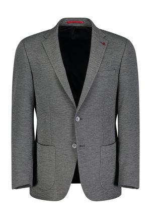 Grauer Blazer aus strukturiertem Stoff, mit zwei Knöpfen, zwei Fronttaschen und einem Reverskragen. Das Innenfutter ist schwarz.