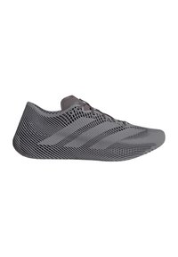 Chaussure de sport grise avec une structure en treillis 3D couvrant toute la tige et la semelle, avec trois bandes Adidas sur le côté.