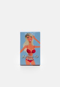 Box of "Soft Push-Up Pads" by Magic Bodyfashion. Blue background, illustrated figure wearing red lingerie, with text featuring product name prominently.